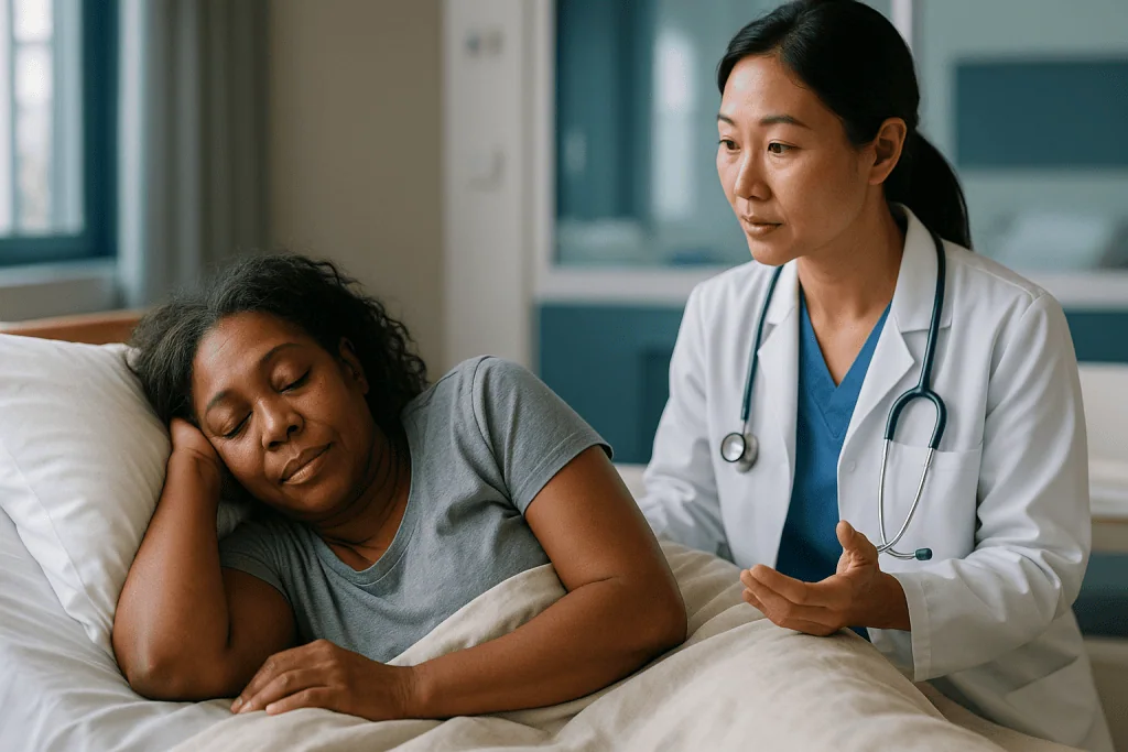 Doctor consulting with patient in hospital bed: What changed recently to put oversleeping in the spotlight