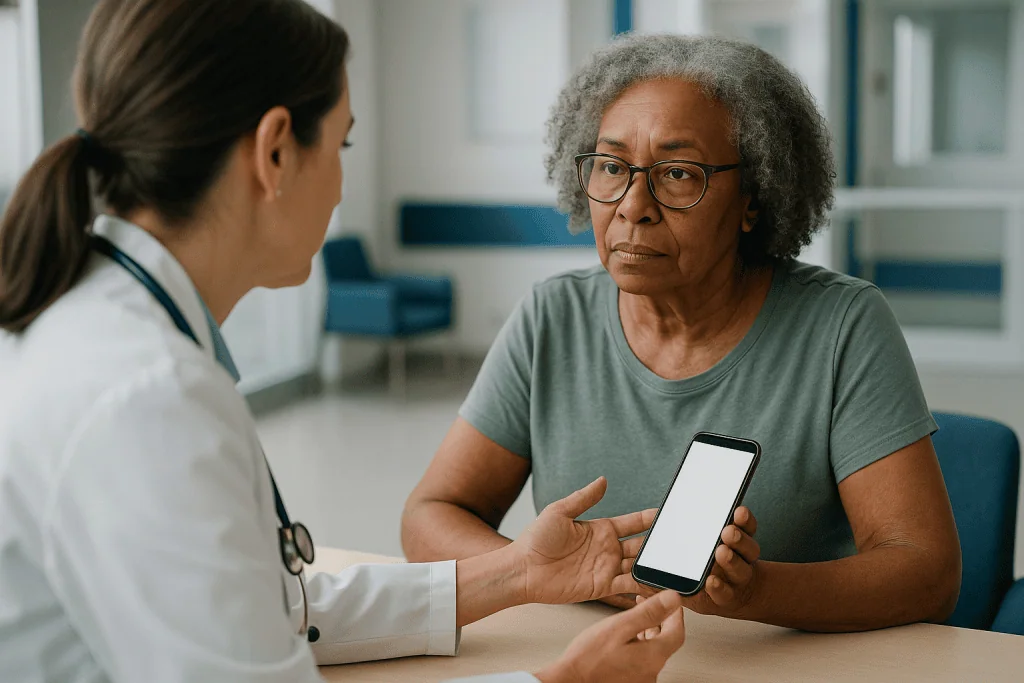 Doctor showing smartphone to older patient in clinic: What changed recently: why APOE4 is trending now