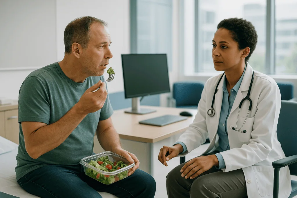 Patient with salad consulting female doctor in office: What changed recently: why hs-CRP is trending again