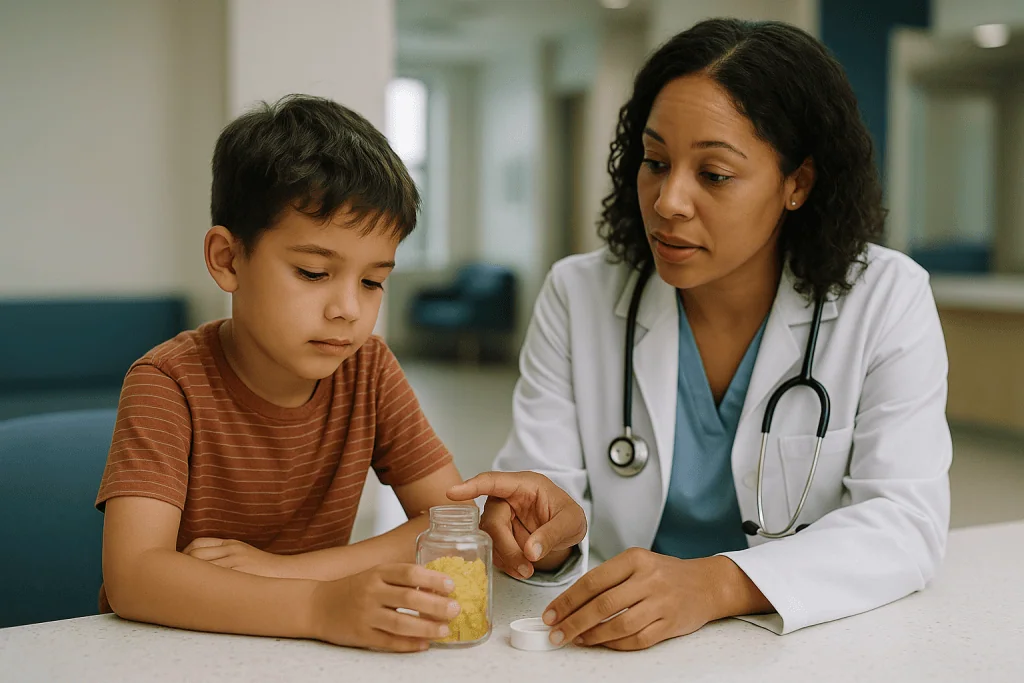 Female doctor consulting young boy about vitamins: What changed recently: why kids vitamins are trending now