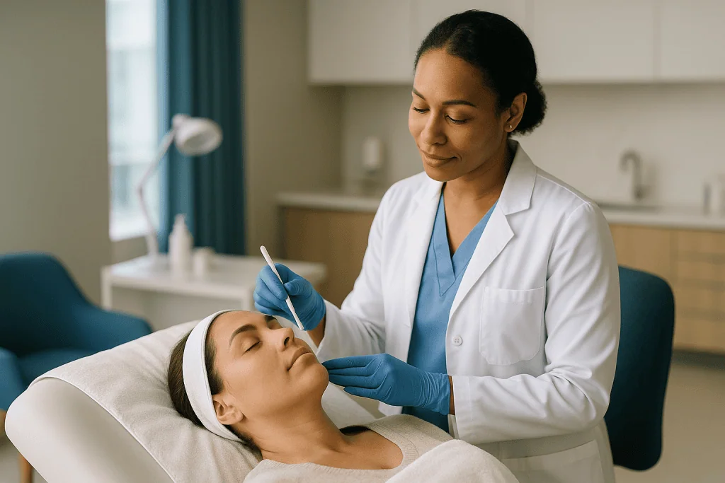 Dermatologist performing skincare procedure on patient face: What changed recently with dermaplaning
