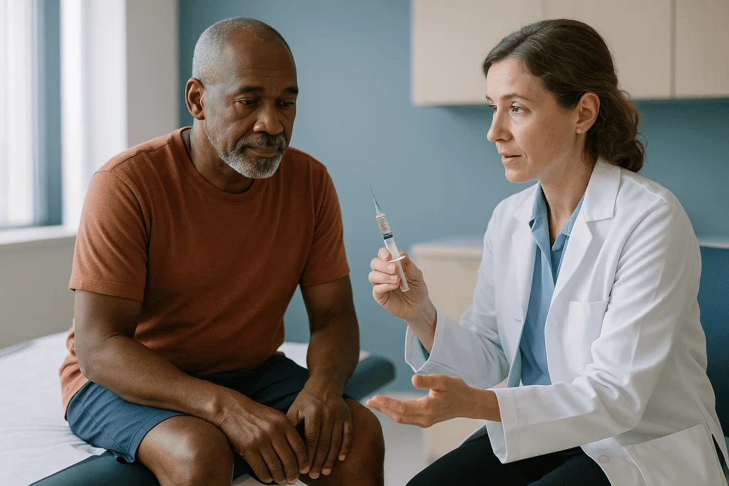 Doctor discussing knee injection treatment with male patient: What changed recently with knee injections