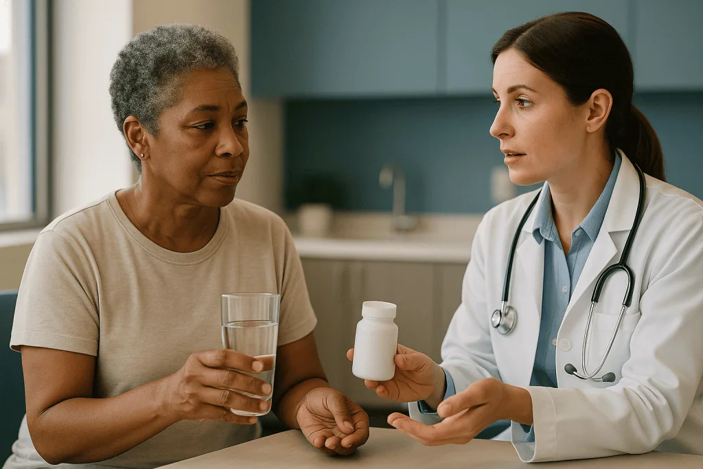 Doctor consulting patient, holding medication bottle: What changed recently with magnesium supplements