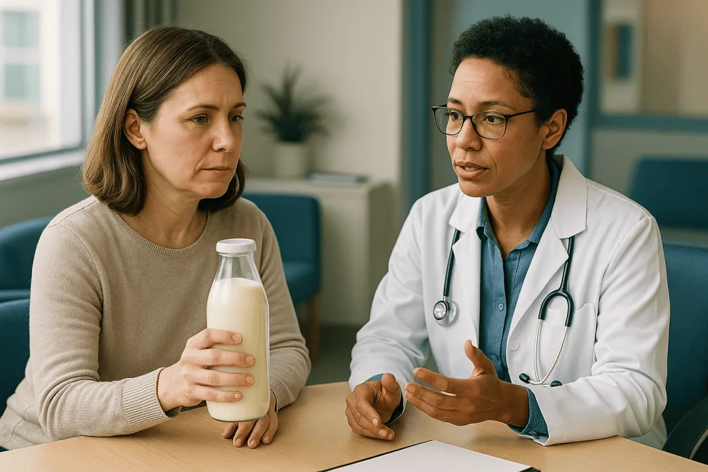 Doctor consulting patient about milk bottle: What changed recently with raw milk