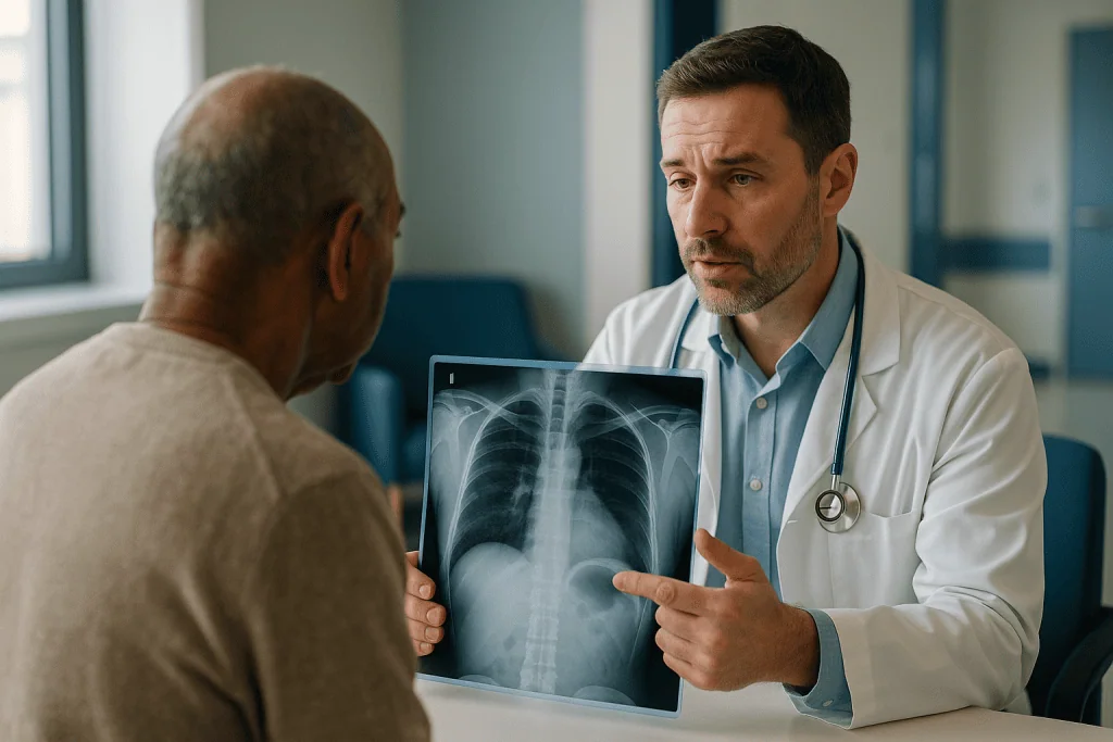 Doctor discussing chest X-ray with older male patient: What confirms a pleural effusion? The chest X-ray and the first look