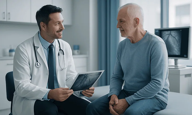 Cardiologist discussing coronary angiography results with patient in clinic.