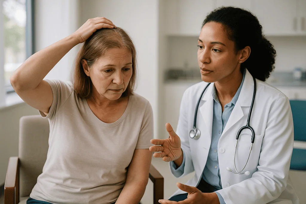Female patient discussing hair loss with female dermatologist: What could be causing hair thinning on the top of my head?