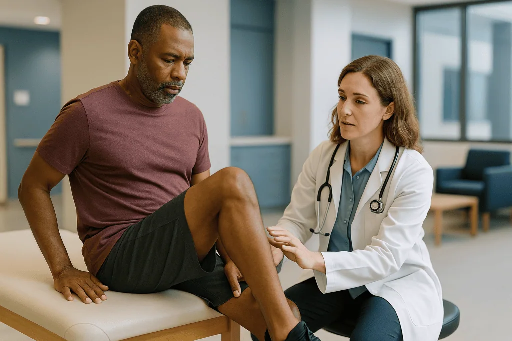 Doctor examining patient's hip and leg during consultation: What could be causing pain in the front of my hip when I lift my