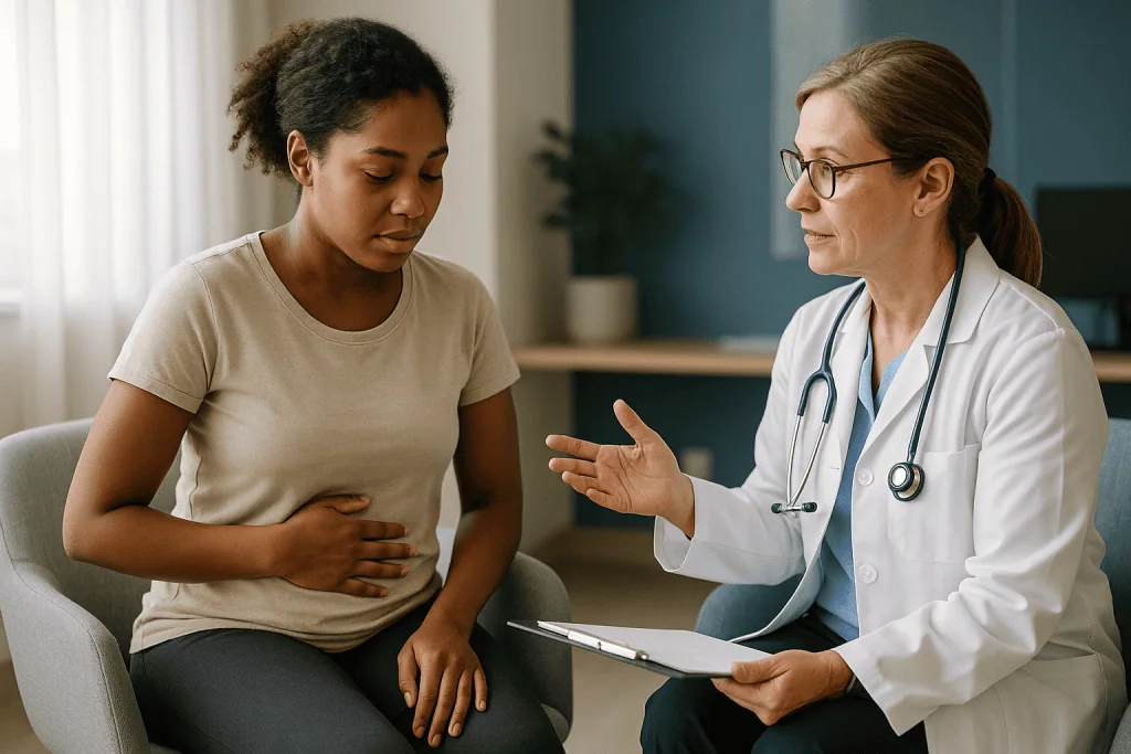 Doctor consulting patient about abdominal symptoms: What cycle syncing means and how it differs from seed cycling