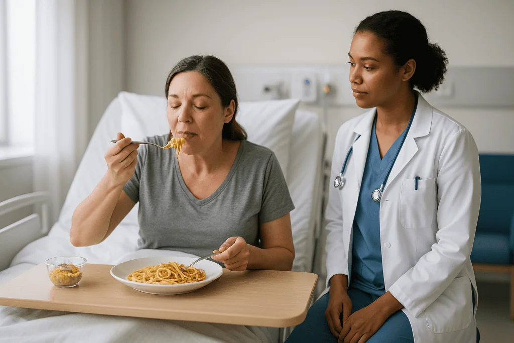 Patient eating noodles while doctor observes in hospital bed: What dermaplaning does not do