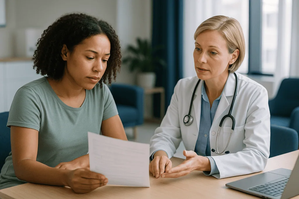 Doctor reviewing medical documents with female patient: What do FSH test results mean? Reading the number honestly