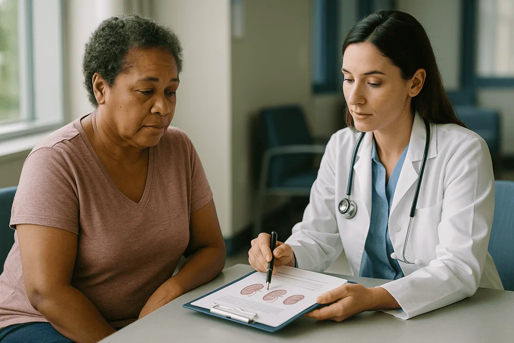 Doctor consulting with female patient about medical results: What do lupus nephritis classes mean, and why Class 3 keeps com