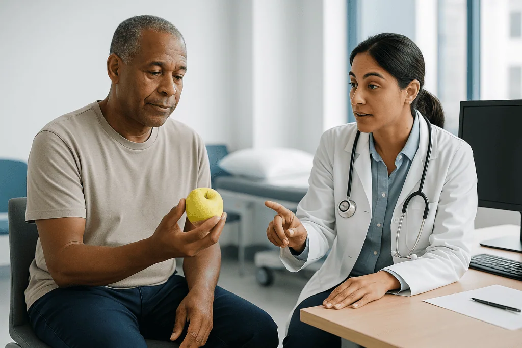 Doctor consulting patient about healthy eating with apple: What doctors measure on the first SBRT follow-up scan