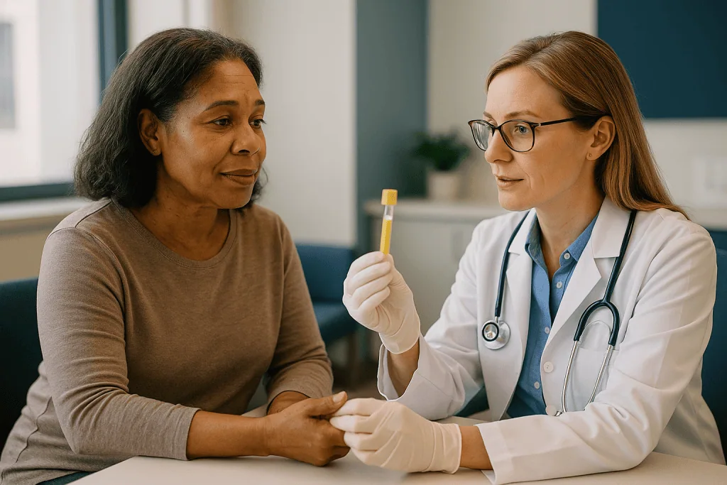 Doctor consulting patient, possibly for blood test: What does a 25 hydroxy vitamin d test actually measure?