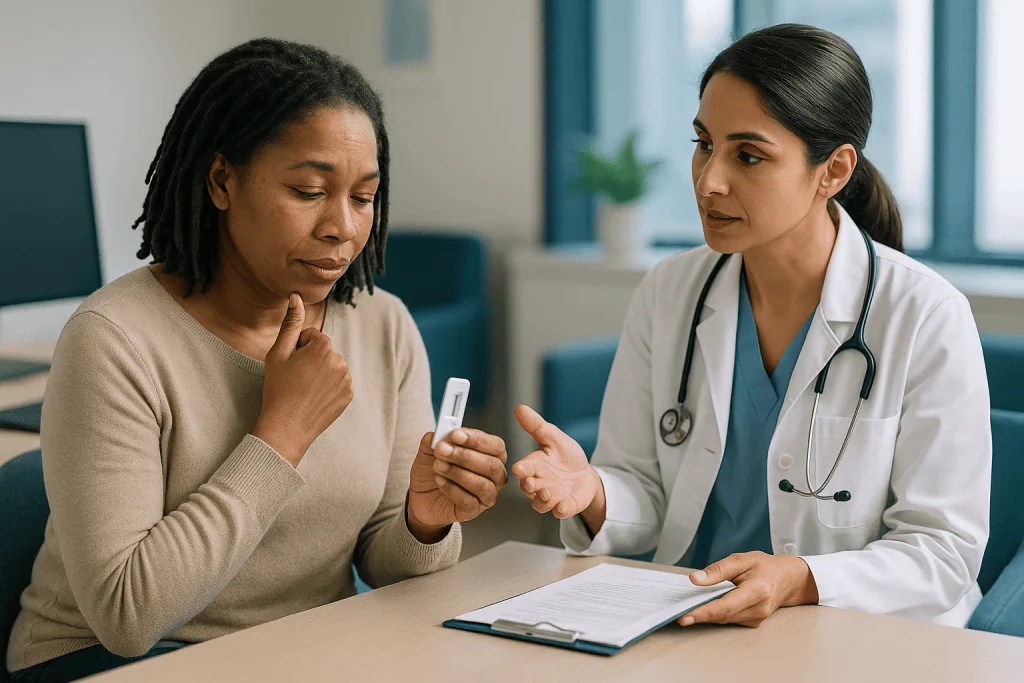 Doctor consulting patient with test result in clinic: What does a DUTCH test tell you? The panel, line by line