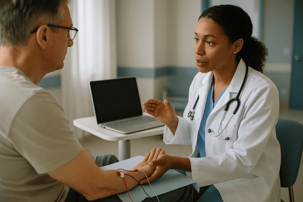 Doctor consulting patient with laptop during general checkup: What does a nerve conduction study for neuropathy actually mea