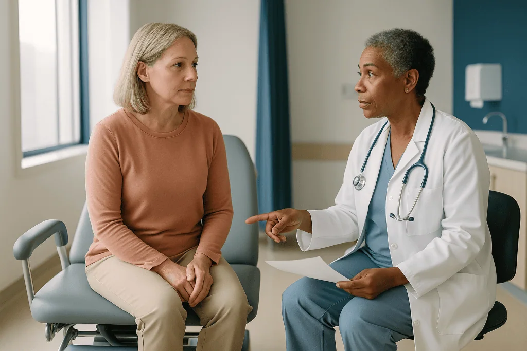 Doctor consulting with adult female patient in clinic: What does a pelvic floor assessment for prolapse actually involve?