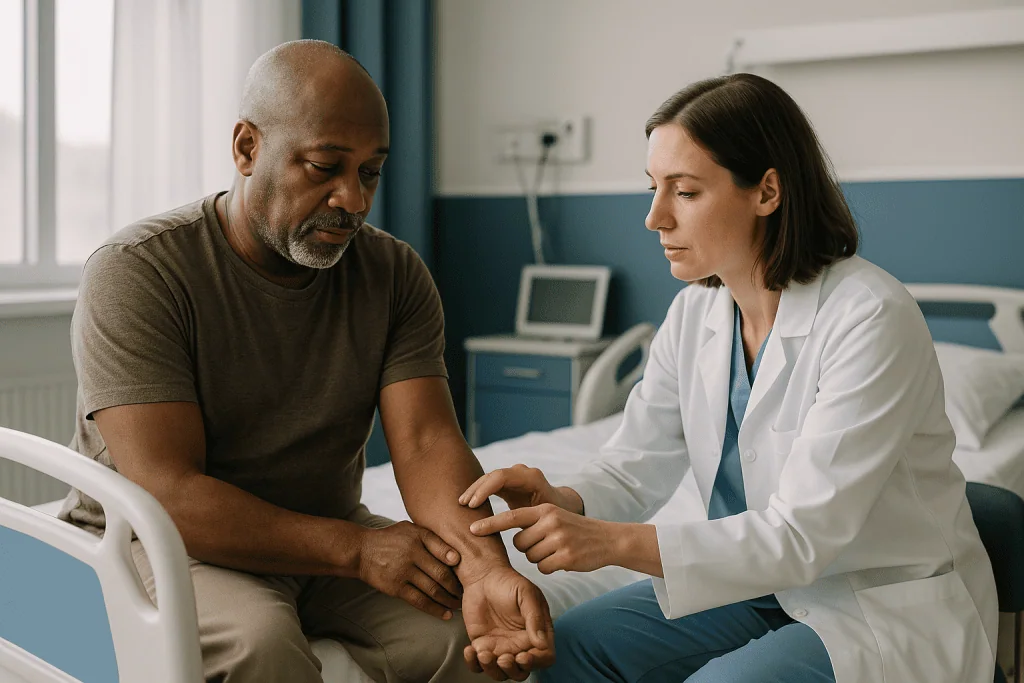 Doctor examining patient's arm or wrist in clinic: What does a pre-operative wound assessment involve?