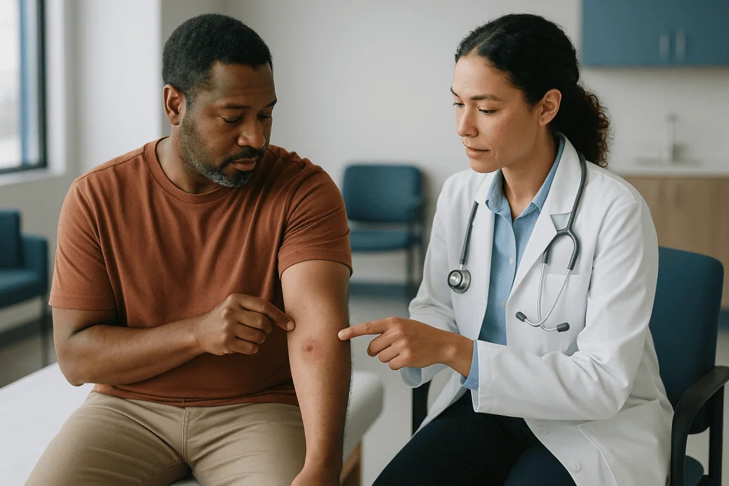 Doctor examining patient's arm for skin infection or lesion: What does a tick bite look like?