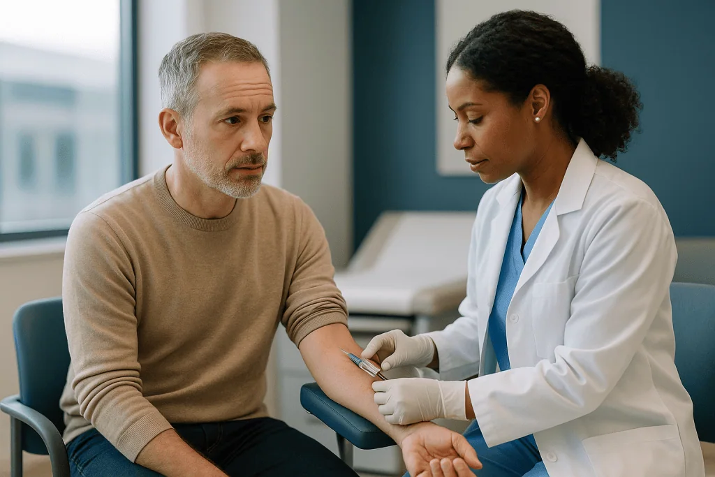 Doctor taking blood sample from patient's arm: What does a uric acid test measure, and what is the uric acid normal range?
