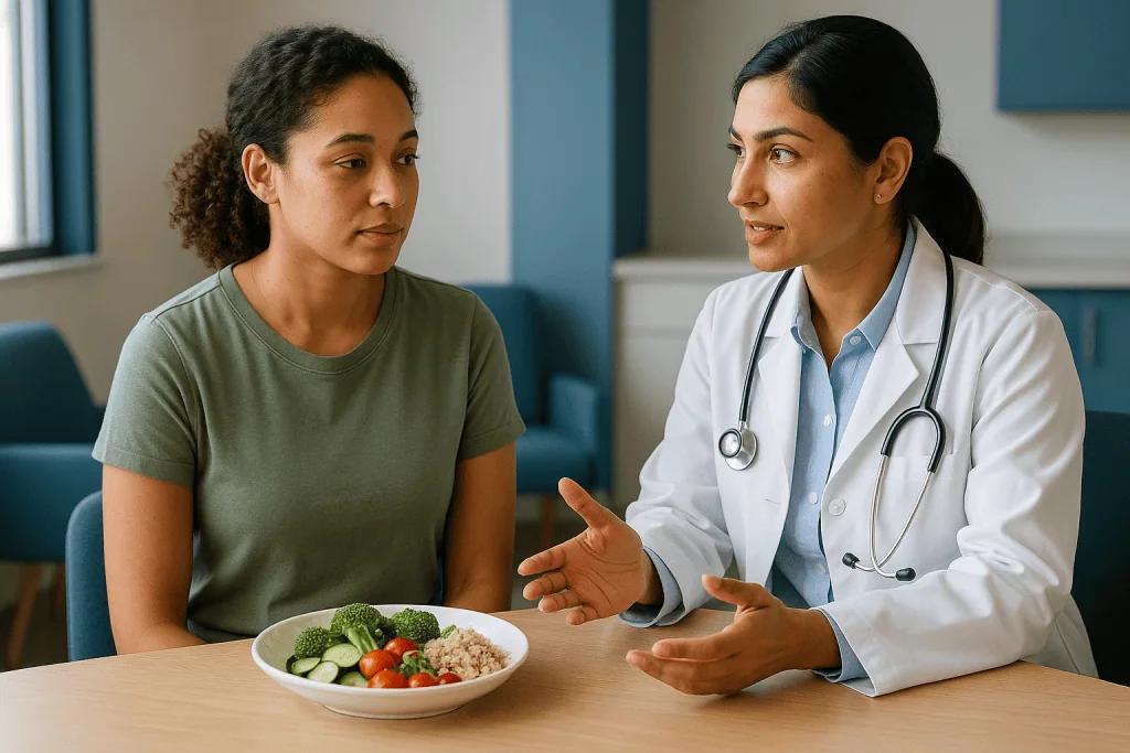 Doctor consulting patient about healthy diet with vegetables: What does an anti-inflammatory diet for endometriosis actually