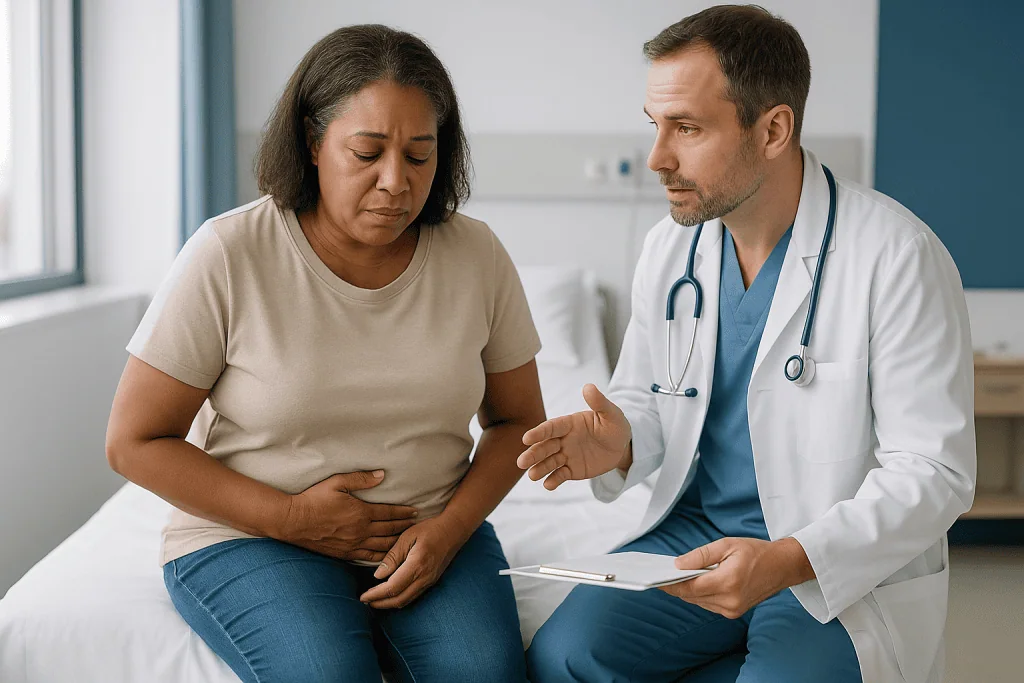 Doctor consulting patient about abdominal or digestive symptoms: What does antibiotic diarrhea look like, and how long does 