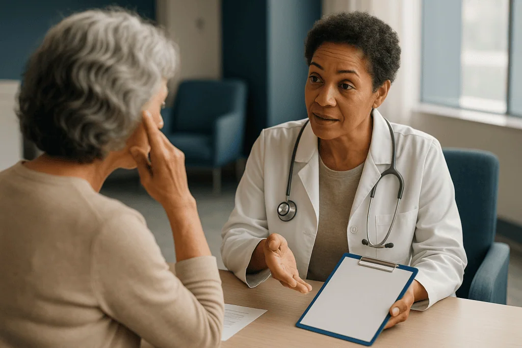 Female doctor consulting with older female patient: What does estrogen do to memory and focus?
