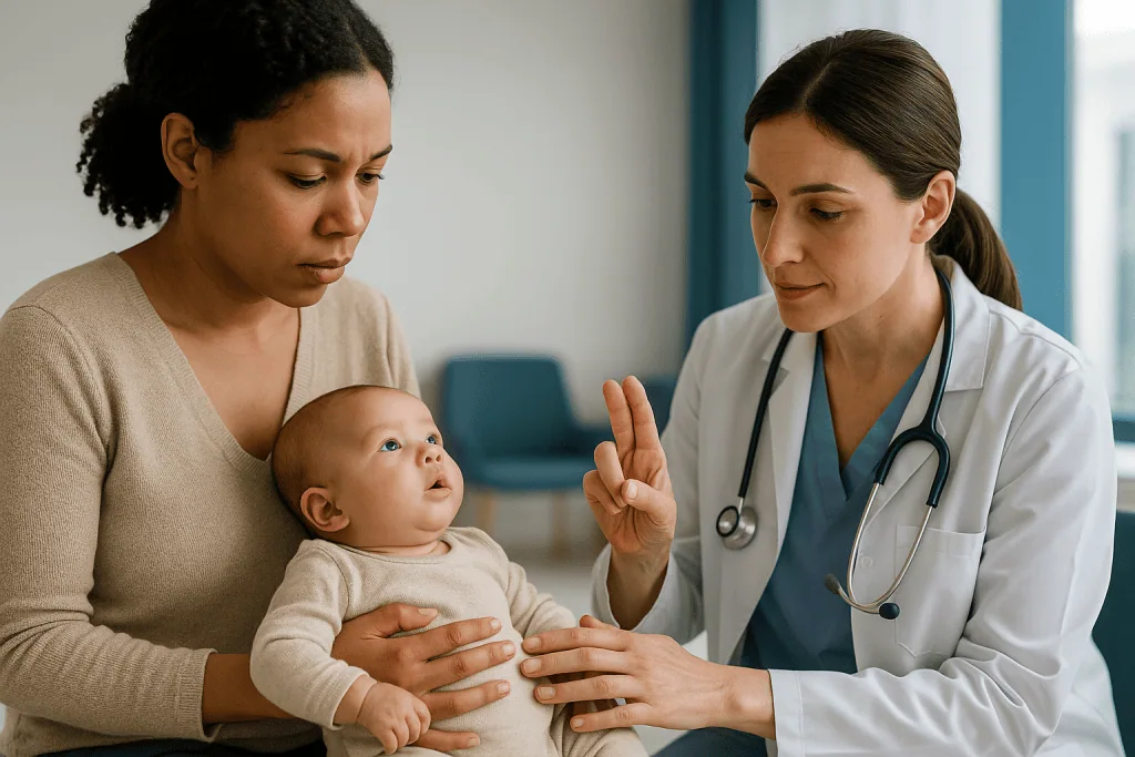 Pediatrician examining infant during clinical consultation: What does fast breathing look like in a baby, and how do you cou