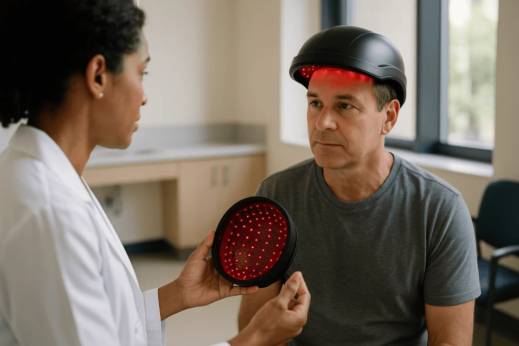 Medical professional demonstrating red light therapy device to patient: What does FDA-cleared actually mean for a laser cap?