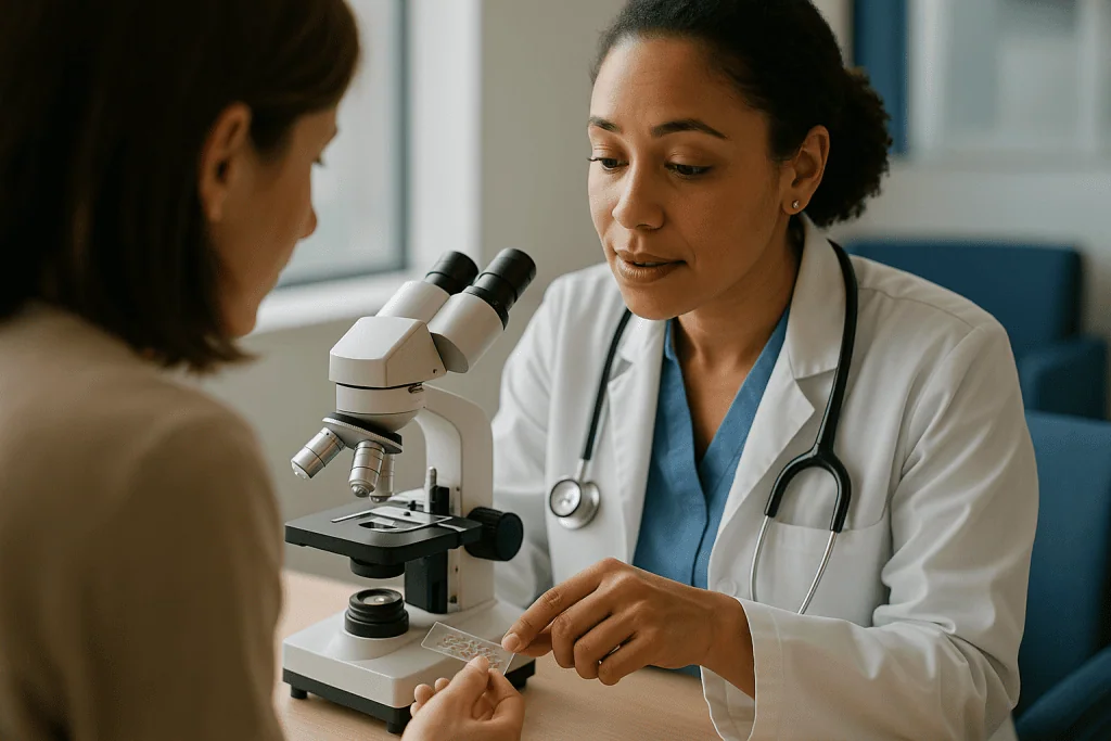Doctor consulting patient with microscope present: What does it mean if there are platelets on a peripheral blood smear?