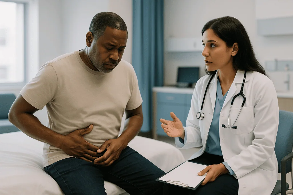 Doctor consulting patient about abdominal pain in clinic: What does kidney rejection feel like?
