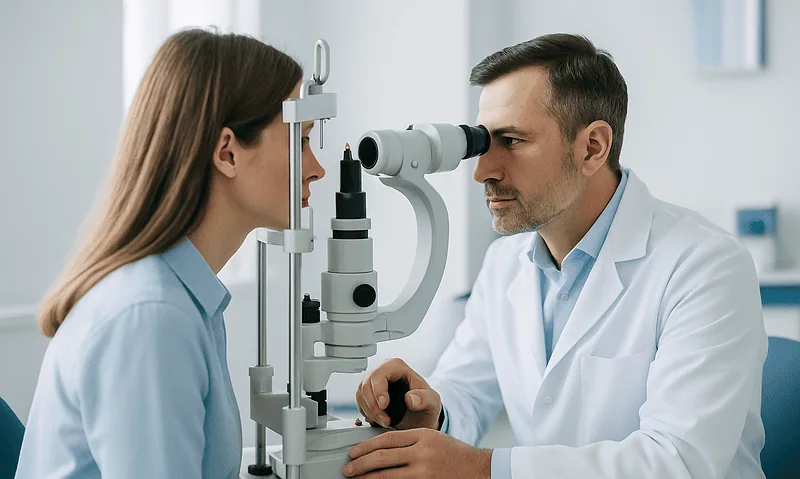 Doctor examining patient's eye with slit lamp in clinic.