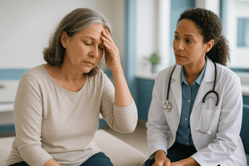 Doctor consulting with middle-aged woman about health concerns: What does menopause fatigue feel like, and is crashing fatig