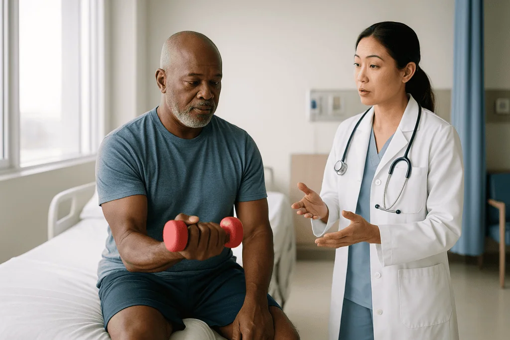Doctor consulting patient performing dumbbell exercises: What does muscle memory actually mean? Two very different things