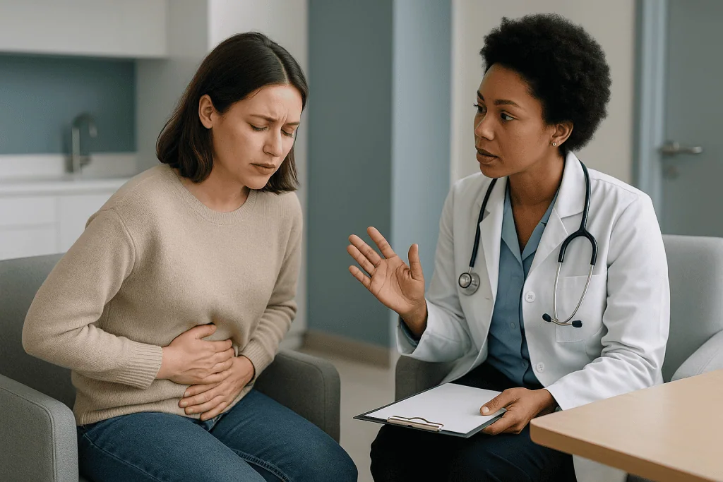 Doctor consulting with female patient about abdominal pain: What does ovulation pain feel like, and how long does ovulation 