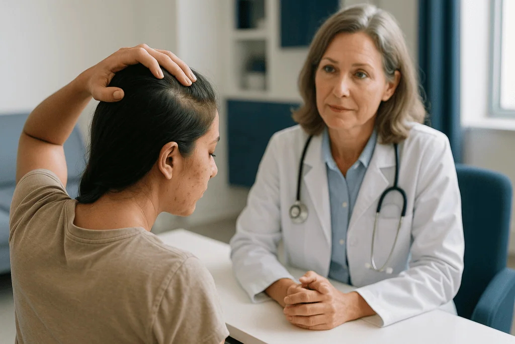 Female doctor consulting with patient about scalp condition: What does PCOS hair loss look like?