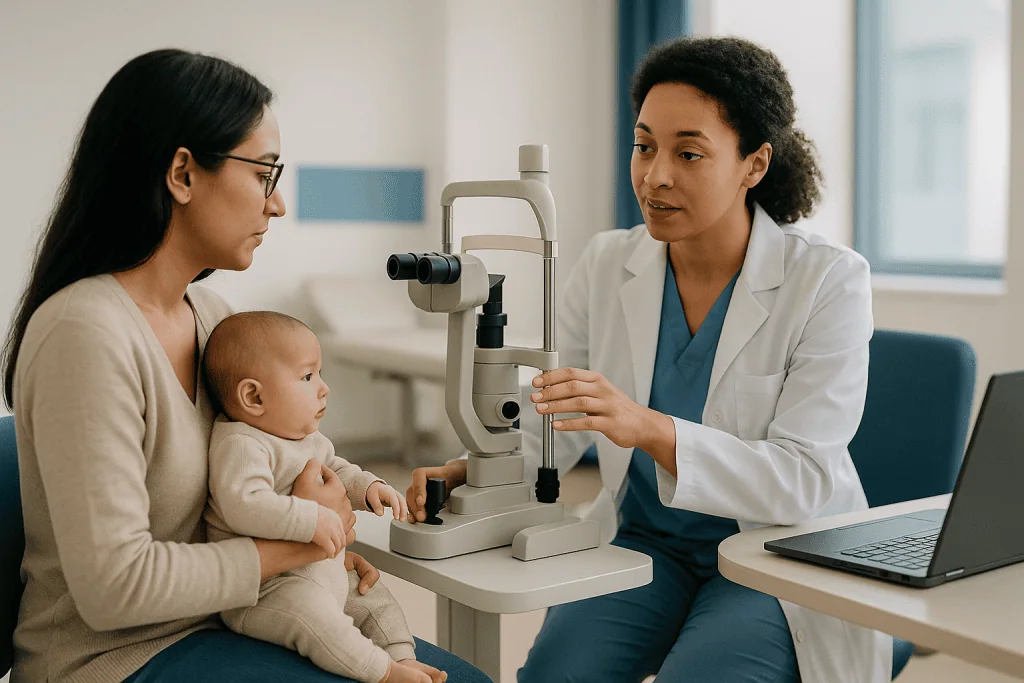Pediatric ophthalmologist examining infant's eyes with equipment: What does ROP long-term vision follow-up actually involve?