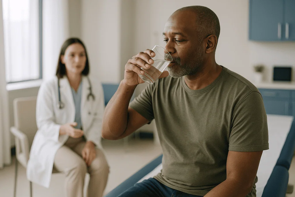 Man drinking water during medical consultation with doctor: What does the liver actually do with toxins?