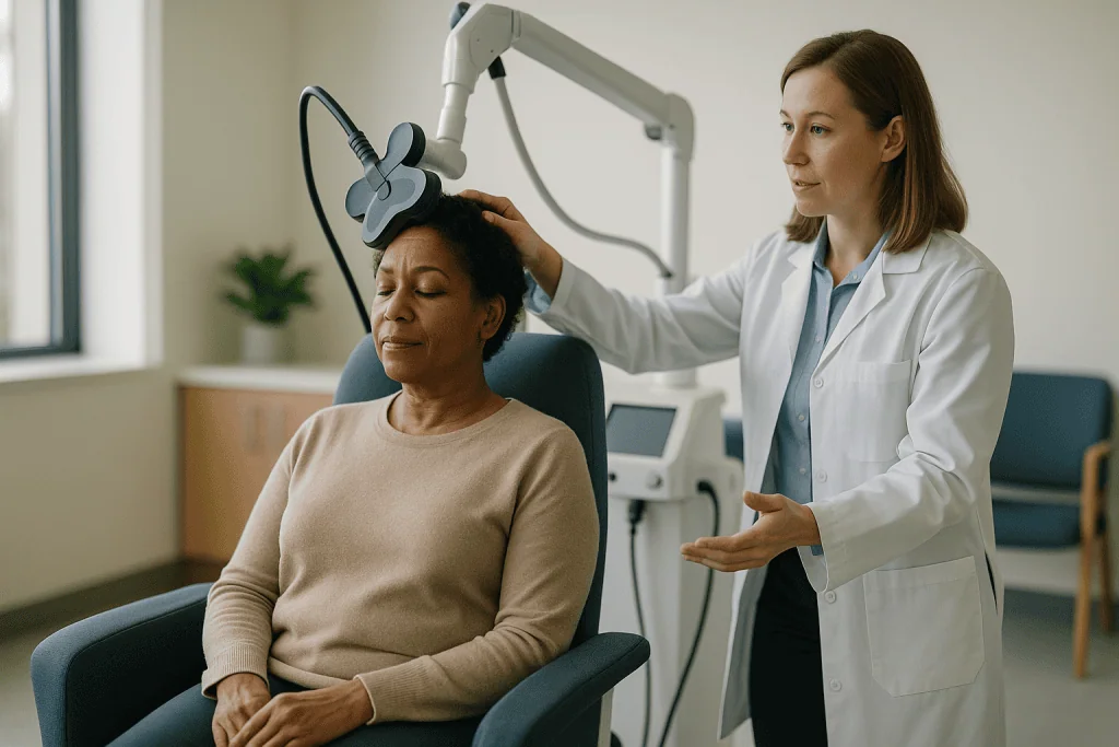 Doctor positioning TMS coil on patient's head during session: What does TMS feel like? Pulses, tapping and the sound