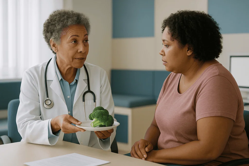 Doctor showing broccoli to patient during consultation: What does vitamin K2 do, and how is it different from K1?