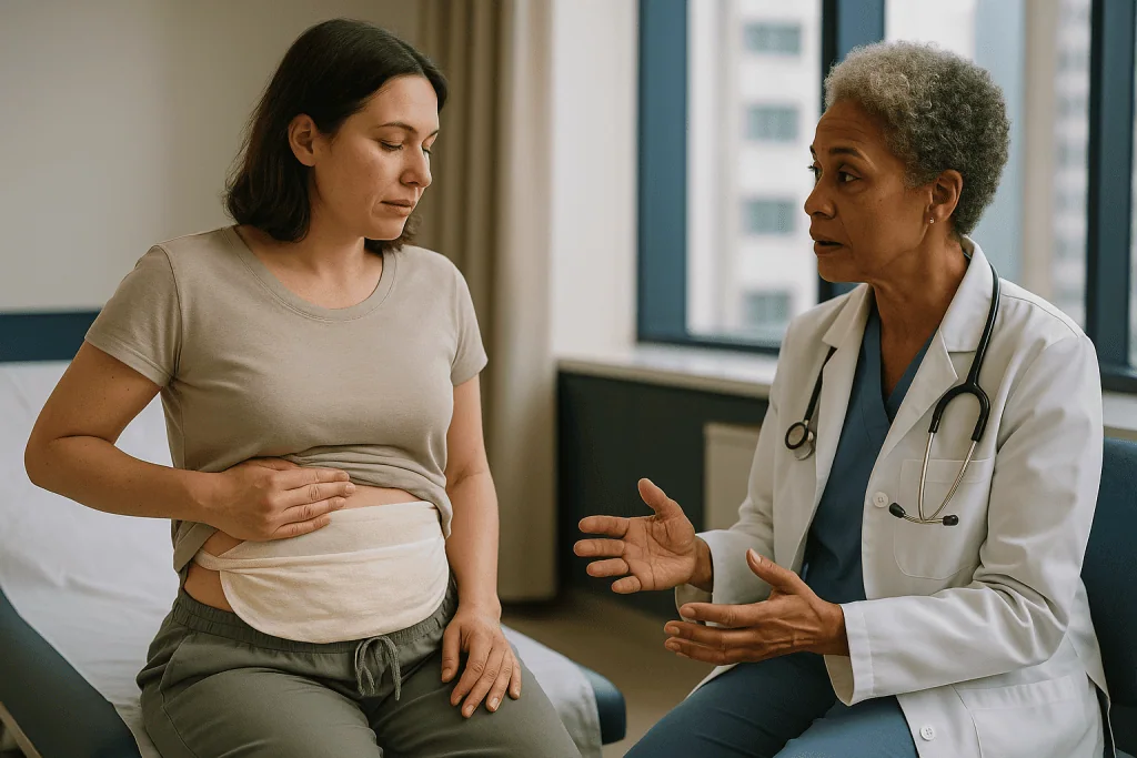 Doctor consulting pregnant patient about abdominal health: What does wrapping your belly with castor oil do?