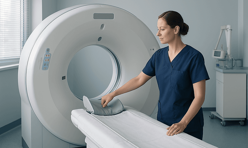Medical technician prepares MRI scan in a modern hospital setting.