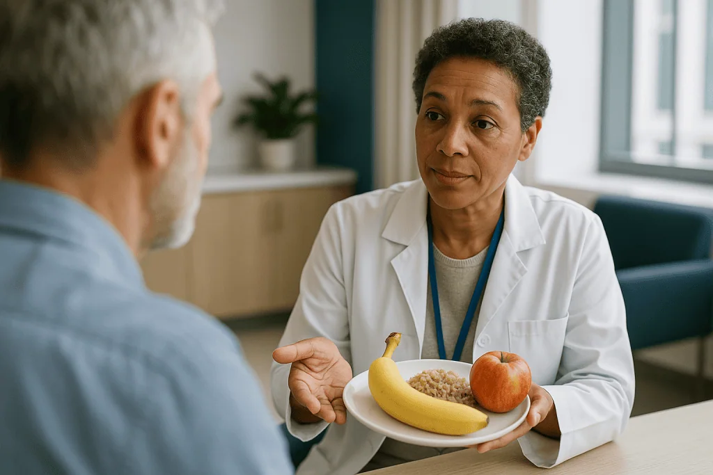 Doctor discussing healthy nutrition with senior patient: What food gives the most energy?