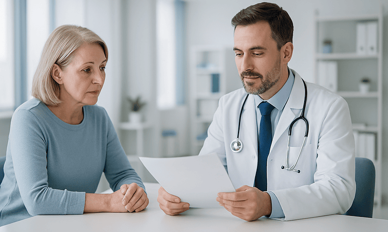 Doctor consulting with an elderly woman about health in a medical office.