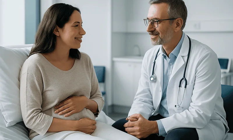 Doctor consulting with pregnant woman in a medical office.