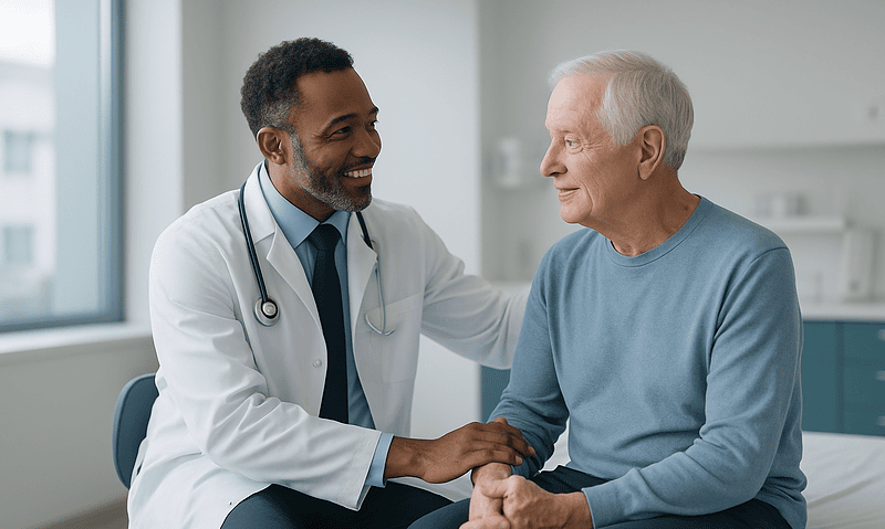 Doctor comforting an elderly patient in a hospital room.