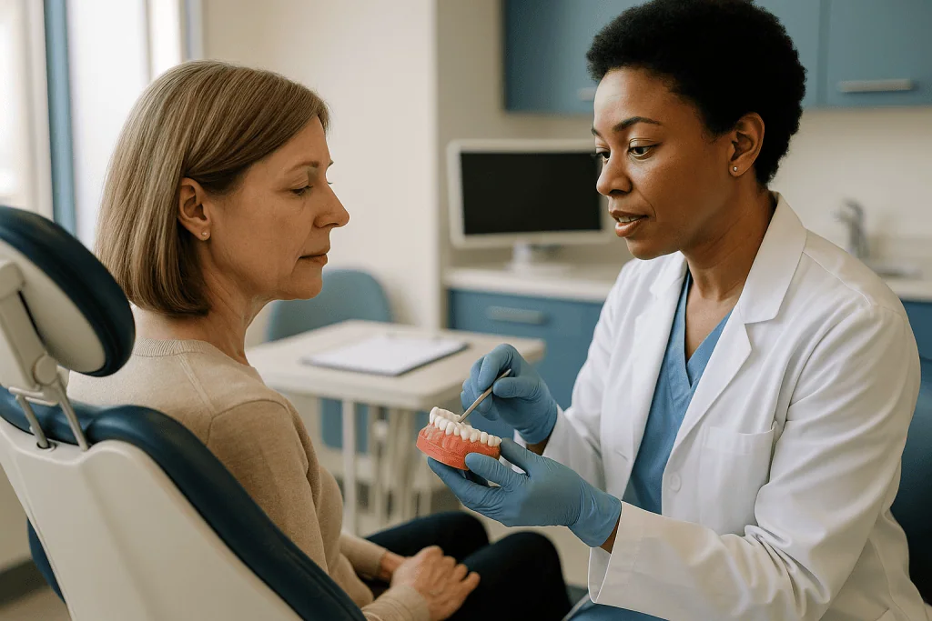 Dentist showing dental model to patient in clinic: What happens at the first visit: examination, consent and preparation