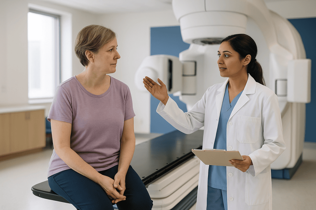 Doctor consulting patient in radiation therapy room: What happens at the radiation simulation appointment?
