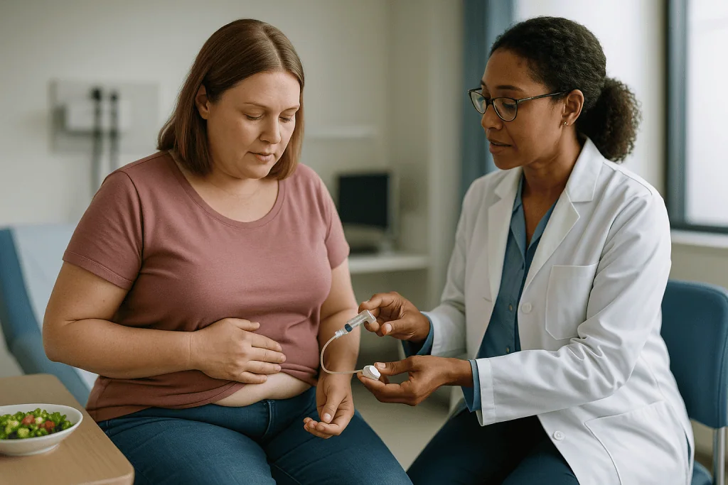 Doctor showing medication or device to patient: What happens during a gastric band fill procedure, step by step