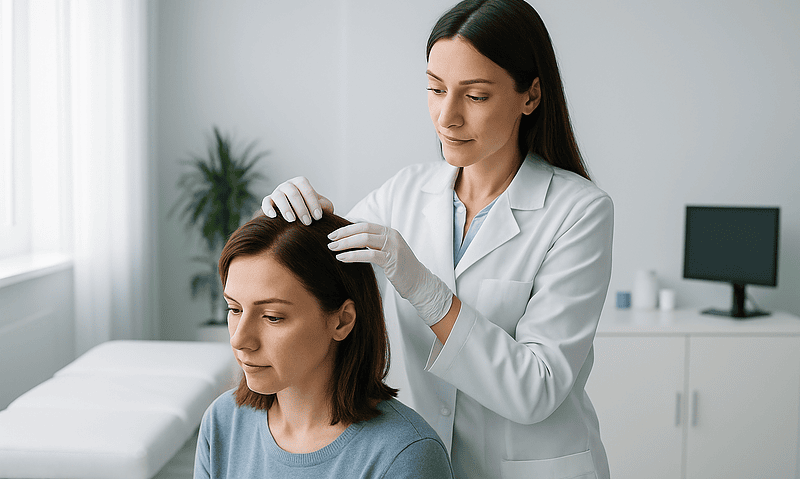 Doctor preparing patient for TMS therapy with coil placement on head.